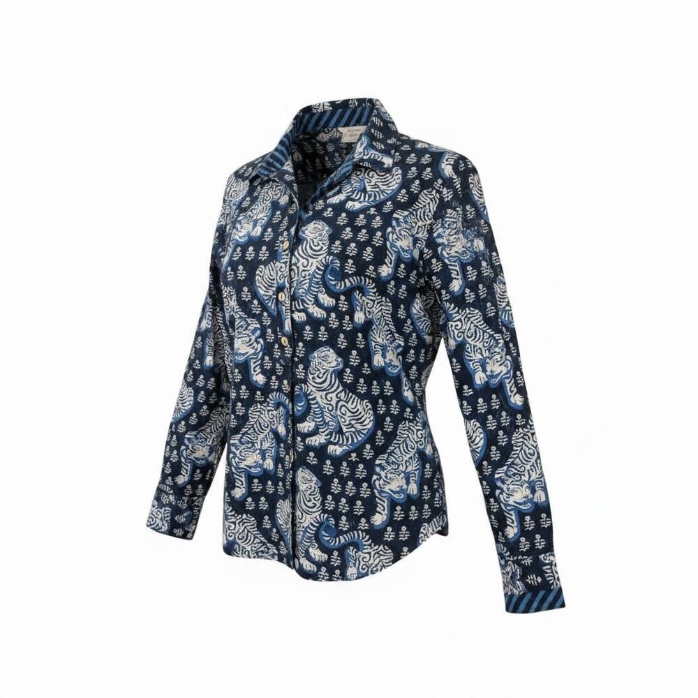 Printfresh Navy Blue Tiger Print Cotton Button Front Shirt Size LG Lightweight